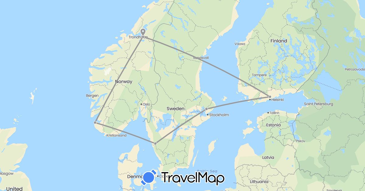 TravelMap itinerary: driving, plane in Finland, Norway, Sweden (Europe)